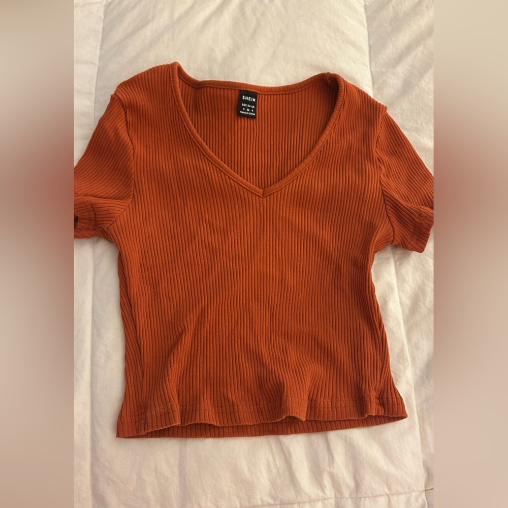 Women's Ribbed V-Neck Top - Orange